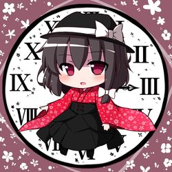  alternate_costume bow brown_hair chibi clock commentary_request female hairbow hat japanese_clothes kimono long_sleeves open_mouth rensei roman_numeral short_hair skirt smile solo touhou usami_renko wide_sleeves 