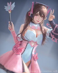  absurdres arms_up artist_name bangs black_sleeves bow breasts brown_eyes brown_hair bunny_symbol cleavage commentary d.va_(overwatch) dated detached_sleeves dress english english_commentary facepaint hair_between_eyes headset heart_cutout highres holding holding_wand large_breasts long_hair long_sleeves looking_at_viewer mars_foong mismatched_sleeves overwatch pink_bow pink_dress pink_ribbon pink_sleeves ribbon solo speedpaint v wand whisker_markings 