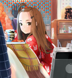  2girls animal_print bead_curtain bottle brown_eyes brown_hair commentary_request cup food fringe_trim fruit hair_ornament hairclip kotatsu long_hair looking_at_viewer mandarin_orange maneki-neko multiple_girls natsui_tuna original phone pot rabbit_print short_hair sitting steam stove table topknot 