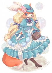  alternative_fashion anthro blonde_hair blue_eyes boots canid canine chemisette classic_lolita classy clothing dress female flower footwear fox hair hat headgear headwear hi_res high_heeled_boots high_heels hime_lolita j-fashion jewelry lolita_(fashion) long_hair looking_at_viewer mammal plant purse ribbons simple_background solo suan-cat tail umbrella white_background young 