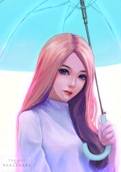  absurdres artist_name brown_hair commentary english_commentary female highres holding holding_umbrella light_smile lips long_hair long_sleeves looking_at_viewer mars_foong no_bangs nose purple_eyes red_lips shirt simple_background solo umbrella watermark white_background white_shirt 