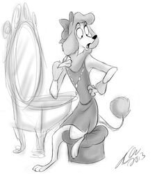  2013 3_toes 4_fingers accessory anthro anthrofied betsythebeaver bow_(feature) bow_accessory bow_ribbon canid canine canis centered_hair_bow clothing digital_drawing_(artwork) digital_media_(artwork) disney domestic_dog dress eyelashes feet fingers fur georgette_(disney) greyscale hair_accessory hair_ribbon hairbow mammal mirror monochrome oliver_and_company poodle ribbons solo toes 