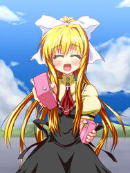  air_(visual_novel) aoyagi_kakerugeki blonde_hair blue_eyes closed_eyes commentary_request female juice_box kamio_misuzu long_hair ponytail pov school_uniform solo very_long_hair 