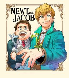  2boys blonde_hair blue_jacket border bow bowtie bowtruckle bright_pupils brown_eyes brown_hair character_name coat commentary_request egg fantastic_beasts_and_where_to_find_them fat highres jacket jacob_kowalski looking_at_viewer male_focus monster multiple_boys newt_scamander occamy pout shibata_yuusaku simple_background smile smirk tan_background traditional_media wavy_hair wizarding_world 