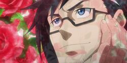  1boy akame_ga_kill! animated animated black_hair blue_eyes dr._stylish flower glasses labcoat male_focus petals roses smile stubble suit tie white_hair 