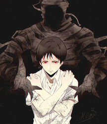  1boy ajin_(sakurai_gamon) black_hair commentary_request ibm_(ajin) koitsu_(blue) nagai_kei red_eyes school_uniform short_hair 