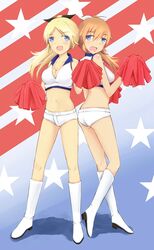  2girls american_flag back-to-back blonde_hair blue_eyes blush boots bow breasts charlotte_e._yeager cheerleader cleavage collarbone commentary_request flag_background hairbow katharine_ohare long_hair medium_breasts midriff multiple_girls navel oerba_yun_fang open_mouth orange_hair pom_pom_(cheerleading) ponytail rasielcochma short_shorts shorts sleeveless star_(symbol) strike_witches strike_witches:_suomus_misfits_squadron world_witches_series 