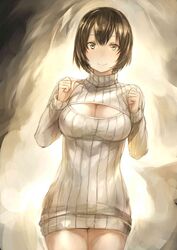  blush breasts brown_hair cleavage cleavage_cutout cowboy_shot female highres looking_at_viewer naked_sweater open-chest_sweater original ribbed_sweater ricci short_hair smile solo sweater sweater_dress turtleneck 