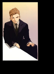  1boy absurdres baccano! brown_eyes brown_hair enami_katsumi formal highres male_focus necktie official_art photoshop_(medium) ronnie_sukiart scan sitting smile solo suit 