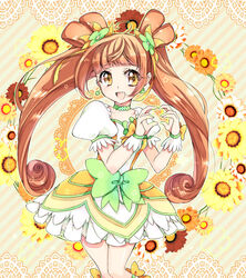  bow brown_eyes brown_hair chigo choker commentary_request cure_rosetta curly_hair dokidoki!_precure double_bun female floral_background flower green_choker hair_bun hair_flower hair_ornament hair_ribbon long_hair magical_girl precure ribbon sepia_background skirt smile solo twintails waist_bow wrist_cuffs yotsuba_alice 