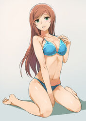  barefoot bikini blue_bikini breasts brown_hair cleavage commentary_request feet female green_eyes gundam gundam_build_fighters gundam_build_fighters_try highres kamiki_mirai large_breasts long_hair md5_mismatch navel parted_lips sitting smile solo strap_gap swimsuit wariza yuugiri_(u-slash) 