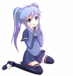  blue_eyes blue_hair blue_thighhighs blush commentary_request female imaichi_moenai_ko katoyuu kobe_shinbun long_hair school_uniform skirt sleeves_past_wrists solo thighhighs zettai_ryouiki 