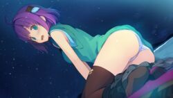  ao_no_kanata_no_four_rhythm ass black_legwear black_skirt blue_eyes game_cg hair_ornament ichinose_rika night open_mouth outdoors panties pleated_skirt purple_hair short_hair skirt skirt_removed sky solo star_(sky) starry_sky suzumori thighhighs underwear white_panties 