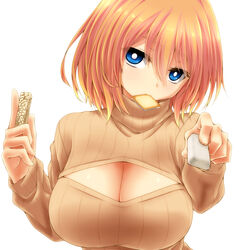  blonde_hair blue_eyes breasts chocolate commentary_request eyebrows eyelashes feeding female food food_in_mouth hair_between_eyes head_tilt highres holding holding_food incoming_food large_breasts long_sleeves looking_at_viewer meme_attire mouth_hold open-chest_sweater original photoshop_(medium) ribbed_sweater setana shiroi_koibito short_hair simple_background solo sweater sweets turtleneck upper_body valentine watarui white_background white_chocolate 