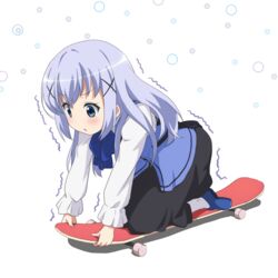  blue_eyes blue_hair blush female gochuumon_wa_usagi_desu_ka? gochuumon_wa_usagi_desuka? kafuu_chino long_hair red_star_(toranecomet) skateboard solo uniform 