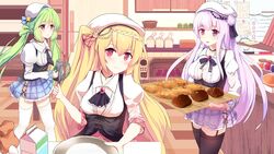  3girls azur_lane black_garter_straps black_thighhighs blonde_hair blue_skirt braid bread comet_(azur_lane) commentary_request crescent_(azur_lane) crescent_(retrofit)_(azur_lane) crown_braid cygnet_(azur_lane) cygnet_(retrofit)_(azur_lane) egg food garter_straps green_hair hair_ornament hinaname indoors jar milk mixing_bowl multiple_girls oven_mitts pink_eyes pitcher_(container) purple_hair purple_skirt queen_elizabeth_(azur_lane) rabbit_hair_ornament skirt smile table thighhighs twintails whisk white_thighhighs 