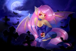  2017 anthro apple armwear bat bat_pony bat_wings biped breasts cleavage clothed clothing cloud collar cute_fangs detailed_background elbow_gloves equid equine eyebrows eyelashes fangs female flutterbat_(mlp) fluttershy_(mlp) food friendship_is_magic fruit full-length_portrait fully_clothed gloves grass grave hair halloween handwear hasbro hi_res holding_food holding_object holidays horse kneeling legwear lingerie long_hair looking_at_viewer makeup mammal mascara membrane_(anatomy) membranous_wings moon my_little_pony night piiunivers pink_hair plant pony portrait pose red_eyes signature sky solo star starry_sky stockings teeth text tombstone watermark wings 