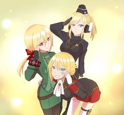  3girls armlet belt blonde_hair blue_eyes boots crossover facial_tattoo female fingerless_gloves formal freedom_wars garrison_cap gloves god_eater god_eater_2:_rage_burst god_eater_resurrection hair_ribbon hat headphones heterochromia long_hair military military_uniform miniskirt multiple_girls namine59 necklace pants_under_skirt pencil_skirt ponytail purple_eyes red_ribbon ribbon salute short_hair simple_background skirt tattoo thighhighs tight_pants zettai_ryouiki 