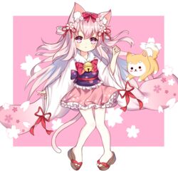  animal animal_ears azur_lane bell blush blush_stickers bow brown_footwear canine cat_ears cat_girl cat_tail closed_mouth commentary female flower frilled_skirt frills full_body hair_between_eyes hair_flower hair_ornament hair_ribbon hairbow hand_up japanese_clothes jingle_bell jiucheng_nainai kimono kisaragi_(azur_lane) kisaragi_(new_year&#039;s_wish)_(azur_lane) long_hair long_sleeves looking_at_viewer obi official_alternate_costume pantyhose petals pink_background pink_eyes pink_flower pink_hair pink_kimono pink_skirt red_bow red_ribbon ribbon sandals sash short_kimono skirt sleeves_past_wrists solo tail thick_eyebrows two-tone_background two_side_up very_long_hair white_background white_pantyhose wide_sleeves zouri 