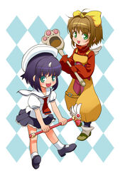  2girls :d ahoge animal_hands blue_hair blush bow brown_hair cardcaptor_sakura commentary cosplay costume_switch eiko_carol eiko_carol_(cosplay) final_fantasy final_fantasy_ix full_body fuuin_no_tsue gloves green_eyes hair_intakes hair_ribbon happy hat horns kinomoto_sakura kinomoto_sakura_(cosplay) magical_girl mary_janes multiple_girls necktie open_mouth photoshop_(medium) red_gloves ribbon rori_chuushin sailor shoes short_hair single_horn skirt smile socks suspenders wand white_hat 