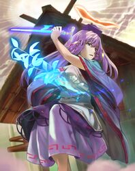  alternate_costume blue_eyes commentary_request female hat hidebo highres kamishirasawa_keine long_hair purple_hair solo stick touhou wide_sleeves 