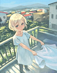  balcony blonde_hair blue_eyes collarbone day female holding holding_clothes holding_shirt looking_at_viewer lowres original outdoors outstretched_arms rural shirt short_hair short_sleeves smile solo standing weno weno&#039;s_blonde_original_character white_shirt 