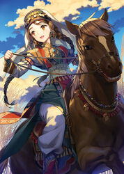  blush braid brown_eyes brown_hair commentary female headdress horse horseback_riding jewelry long_hair open_mouth original photoshop_(medium) riding salt_(salty) smile solo traditional_clothes twin_braids uygur uygur_clothes very_long_hair 