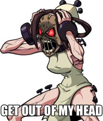  bad_link bare_legs binarypen black_nails breasts brown_hair cuffs dress female hair_rings hat image_macro_(meme) mask medium_breasts meme nail nail_polish open_mouth painwheel_(skullgirls) red_eyes shackles side_slit sideboob skullgirls solo transparent_background veins 