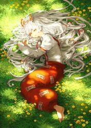  barefoot bonnou-s-rice closed_eyes commentary_request day female flower fujiwara_no_mokou grass long_hair lying on_ground outdoors sleeping solo sunlight touhou very_long_hair white_hair 