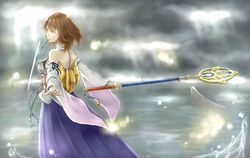  au breasts brown_hair commentary_request detached_sleeves female final_fantasy final_fantasy_x hair_ornament hakama hakama_skirt holding holding_wand japanese_clothes jewelry medium_breasts purple_hakama short_hair simple_background skirt solo staff staff_(ff10) wand yuna_(ff10) 