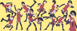  artist_request black_hair boruto:_the_movie character_sheet detached_sleeves forehead_protector glasses kunai kurohane looking_at_viewer naruto pose red_eyes sharingan shorts smile thighhighs uchiha_sarada upside-down weapon 