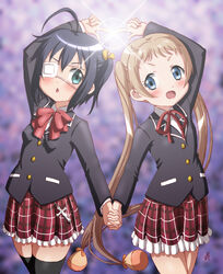  2girls black_hair blonde_hair blue_eyes chuunibyou_demo_koi_ga_shitai! commentary_request cross dekomori_sanae eyepatch highres holding_hands icho_private_high_school_uniform interlocked_fingers light long_hair medical_eyepatch multiple_girls one_side_up plaid plaid_skirt school_uniform short_hair skirt symmetry takanashi_rikka thighhighs twintails vzmk2 zettai_ryouiki 