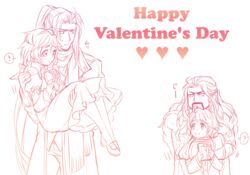  ! 3boys :o ? bilbo_baggins blush carrying character_request commentary_request couple crossover dress dwarf english_text facial_hair female final_fantasy final_fantasy_vii gift happy_valentine heart hobbit hug long_hair looking_at_another masamune_(ff7) multiple_boys open_mouth personification pink_theme ponytail princess_carry shinzui_(fantasysky7) simple_background spoken_exclamation_mark straight sweatdrop the_hobbit the_lord_of_the_rings thorin_oakenshield tolkien&#039;s_legendarium valentine very_long_hair white_background 