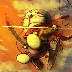  bell cable cloud commentary_request cosplay doraemon doraemon_(character) dual_wielding holding ichinoniwa jacket jingle_bell mikasa_ackerman mikasa_ackerman_(cosplay) no_humans scarf serious shingeki_no_kyojin sky solo sword tail thigh_strap three-dimensional_maneuver_gear twilight weapon 