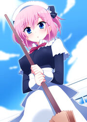  :o blue_eyes blush broom commentary_request day female from_below grisaia_(series) grisaia_no_kajitsu hair_ribbon komine_sachi looking_at_viewer looking_down maid maid_headdress nase open_mouth photoshop_(medium) pink_hair ribbon short_hair sky solo 