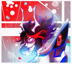  black_hair commentary_request crazy_eyes curly_hair eyeshadow female invidiata junketsu kill_la_kill makeup matoi_ryuuko multicolored_hair sideways solo streaked_hair 