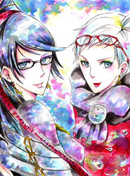  2girls bayonetta bayonetta_(character) black_hair earrings eyeshadow glasses glasses_on_head jeanne_(bayonetta) jewelry lipstick long_hair makeup mole multiple_girls ribbon shinno short_hair white_hair 