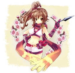  bad_id bad_pixiv_id brown_eyes brown_hair cherry_blossoms female high_side_ponytail highres kunai kunoichi_(sengoku_musou) midriff scarf sengoku_musou side_ponytail smile solo su_(pixiv44447) weapon 