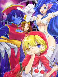  403_(artist) 4girls animal_ears animal_hands armpits bare_shoulders basket big_hair blonde_hair blue_eyes blue_hair breasts brown_hair bulleta capelet cat_ears cat_paws chinese_clothes claw_(weapon) claws cleavage cleavage_cutout clothing_cutout commentary_request felicia_(vampire) flipped_hair hat highres hood knife lei_lei lin-lin long_hair long_sleeves medium_breasts multiple_girls oerba_yun_fang ofuda one_eye_closed open_mouth red_capelet ribbon short_hair short_sleeves smile vampire_(game) weapon yellow_eyes 