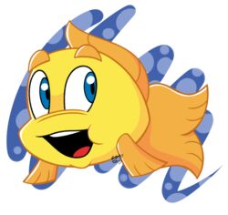  2017 alpha_channel blue_eyes digital_drawing_(artwork) digital_media_(artwork) fish freddi_fish freddi_fish_(series) halabaluu hi_res humongous_entertainment marine open_mouth open_smile scales signature simple_background smile solo transparent_background yellow_body yellow_scales 