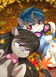  2015 autumn aymint black_hair blue_hair bow_(feature) bow_tie bowed_string_instrument cello clothing detailed_background duo earth_pony equid equine eyebrows eyelashes eyewear female feral friendship_is_magic frown glasses hair hasbro hi_res horn horse leaf looking_at_viewer lying makeup mammal mascara mostly_nude musical_instrument my_little_pony mythological_creature mythological_equine mythology octavia_(mlp) on_back open_mouth open_smile outside pony portrait purple_eyes shirt short_hair smile string_instrument topwear unicorn vest vinyl_scratch_(mlp) 