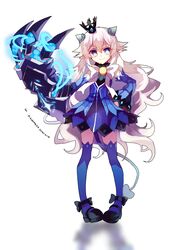  +_+ absurdres athria bad_id bad_pixiv_id blue_eyes blue_skirt blue_sleeves blue_thighhighs bow claws crown dated demon_power_(elsword) detached_sleeves elsword female full_body hand_on_own_hip highres long_hair luciela_r._sourcream mini_crown pointy_ears ribbon shoes signature skirt smile solo standing symbol-shaped_pupils tail thighhighs white_background white_hair zettai_ryouiki 