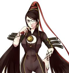  bayonetta bayonetta_(character) beehive_hairdo black_hair chains earrings glasses hand_on_hip jewelry lipstick makeup mole pendant ribbon shinno very_long_hair 