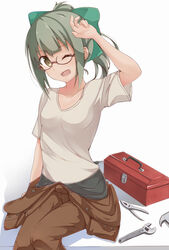  ;d alternate_costume arm_up bespectacled bow brown-framed_eyewear brown_eyes brown_overalls buttons collarbone commentary female glasses green_bow green_hair hairbow highres kantai_collection looking_at_viewer muted_color one_eye_closed open_mouth overalls overalls_pull pliers ponytail screwdriver semi-rimless_eyewear shadow shirt short_sleeves sidelocks sitting smile solo t-shirt tool_kit under-rim_eyewear white_background wrench yoriha_yashiro yuubari_(kancolle) 