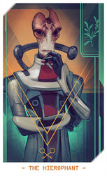  alien alteya armor bioware card card_template clothed clothing electronic_arts fortune_telling hi_res horn major_arcana male mass_effect mordin_solus old salarian solo tarot tarot_card the_hierophant_(tarot) wrinkles 