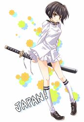  arms_behind_back axis_powers_hetalia bad_id bad_pixiv_id brown_eyes brown_hair female genderswap_(mtf) japan_(hetalia) katana loafers rule_63 sheath shoes short_hair skirt socks solo su_(pixiv44447) sword weapon 