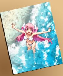  bad_id bad_pixiv_id bikini cometch female from_above highres kaname_madoka long_hair mahou_shoujo_madoka_magica mahou_shoujo_madoka_magica_(anime) outstretched_arms pink_eyes pink_hair solo spoilers spread_arms swimsuit twintails ultimate_madoka 