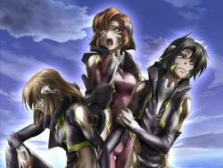  2_boys 2boys black_hair bodysuit breasts brown_hair female makabe_kazuki minashiro_soushi multiple_boys outdoors red_hair sky soukyuu_no_fafner toomi_maya torn_clothes 