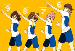  3boys armband blue_eyes brown_hair character_name closed_eyes commentary_request earth_eleven female inazuma_eleven_(series) inazuma_eleven_go inazuma_eleven_go_galaxy kusaka_ryuuji matsukaze_tenma multiple_boys nano_(lanthan00) nozaki_sakura one_eye_closed open_mouth photoshop_(medium) pink_hair shindou_takuto simple_background soccer_uniform sportswear uniform_number yellow_background 