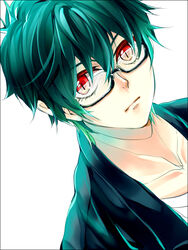  1boy bespectacled black_hair collarbone commentary_request glasses hataraku_maou-sama! jacket male_focus maou_sadao photoshop_(medium) red_eyes semi-rimless_eyewear shirt simple_background solo t-shirt tsuna2727 white_background 